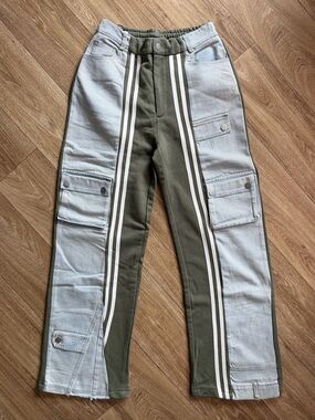 Balboa Fashion Two Tone Denim Cargo Track Pants Olive Blue Size Medium